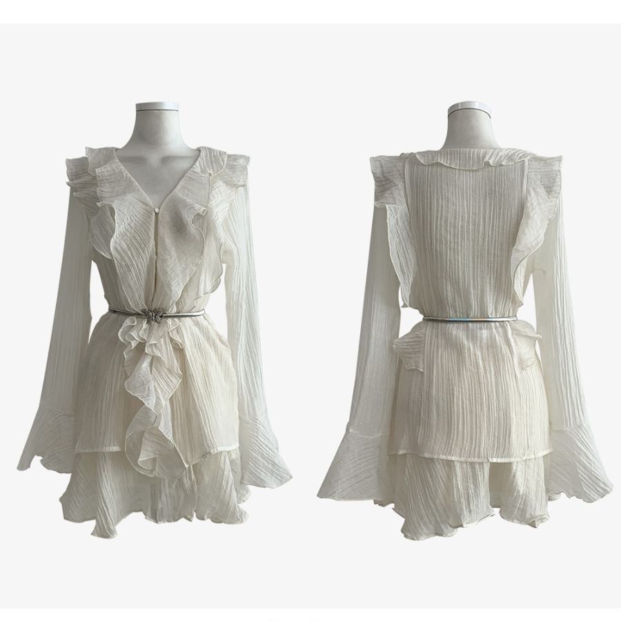 Шифоновая блузка с рюшами и прозрачными рукавами + мини-юбка А-силуэта с поясом на резинке