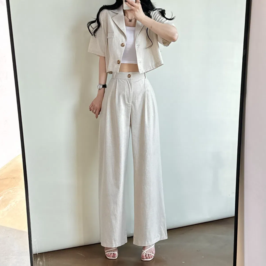 Льняной кроп-жакет с короткими рукавами и широкие брюки