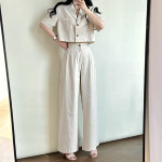 Льняной кроп-жакет с короткими рукавами и широкие брюки