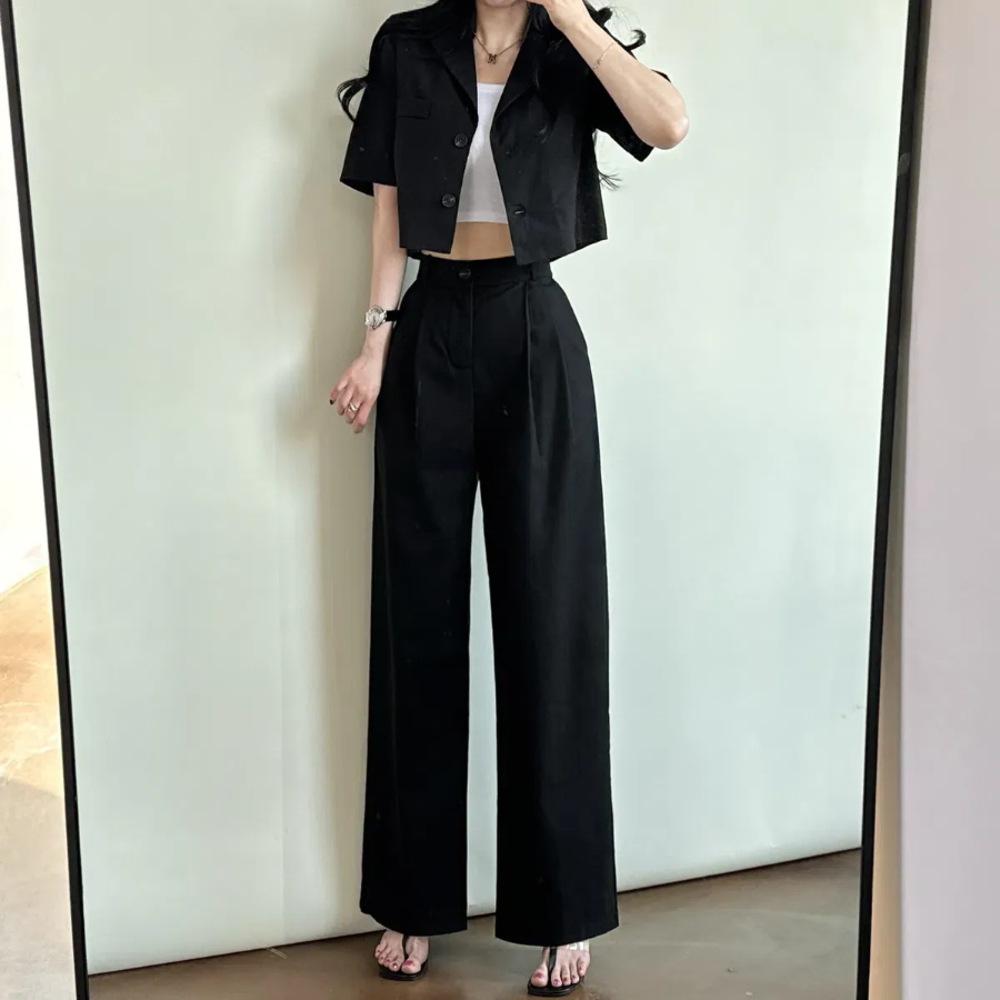 Льняной кроп-жакет с короткими рукавами и широкие брюки