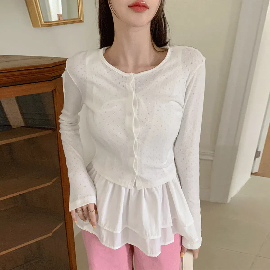 Eyelet Punching Round Neck Cardigan