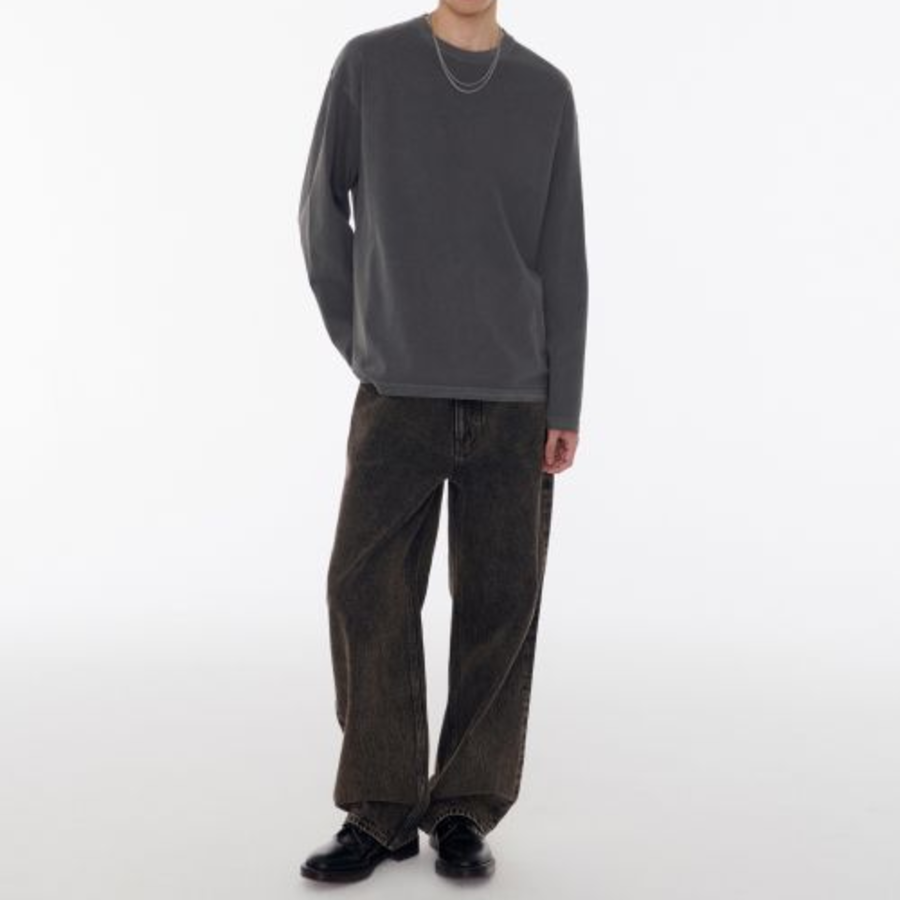 Pigment Relaxed Crew Neck Long Sleeve T-Shirt [Charcoal Gray]
