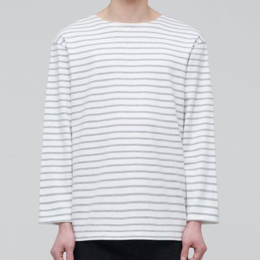 Stripe Boat Neck Long Sleeve T-Shirt [Ivory/Grey]