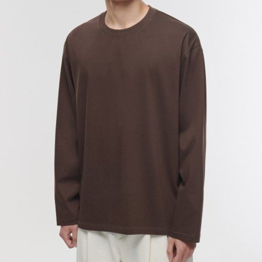 [Premium] Silket Relaxed Crew Neck Long Sleeve T-Shirt [Dark Brown]