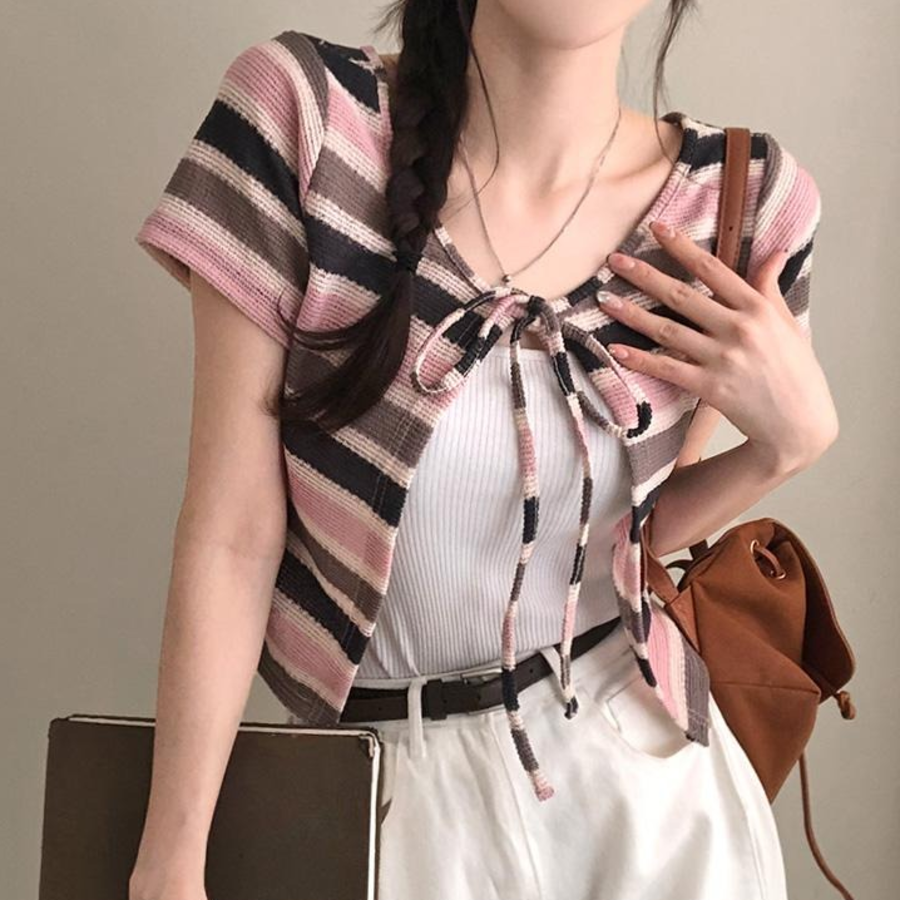 Nacho Bohemian Vintage Color Block Bolero Ribbon Cardigan