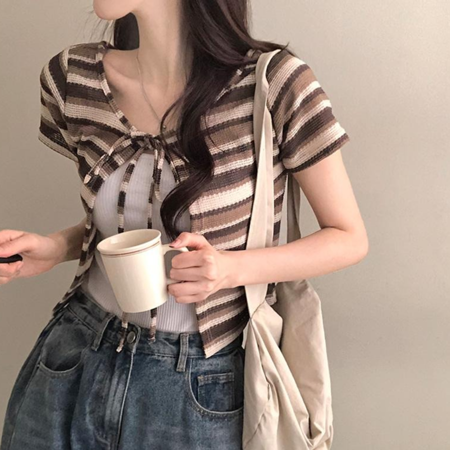 Nacho Bohemian Vintage Color Block Bolero Ribbon Cardigan