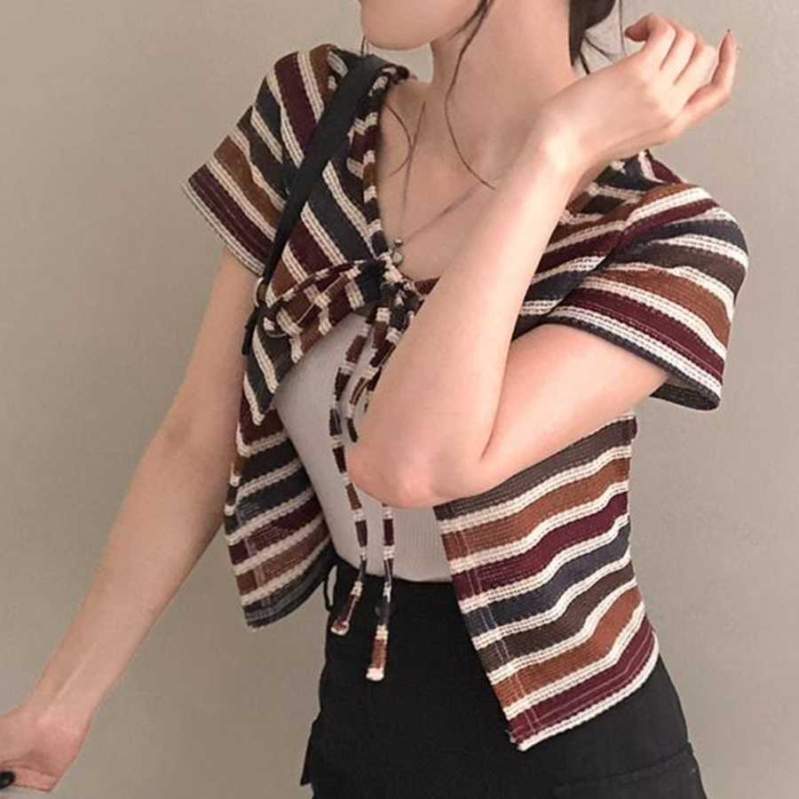 Nacho Bohemian Vintage Color Block Bolero Ribbon Cardigan