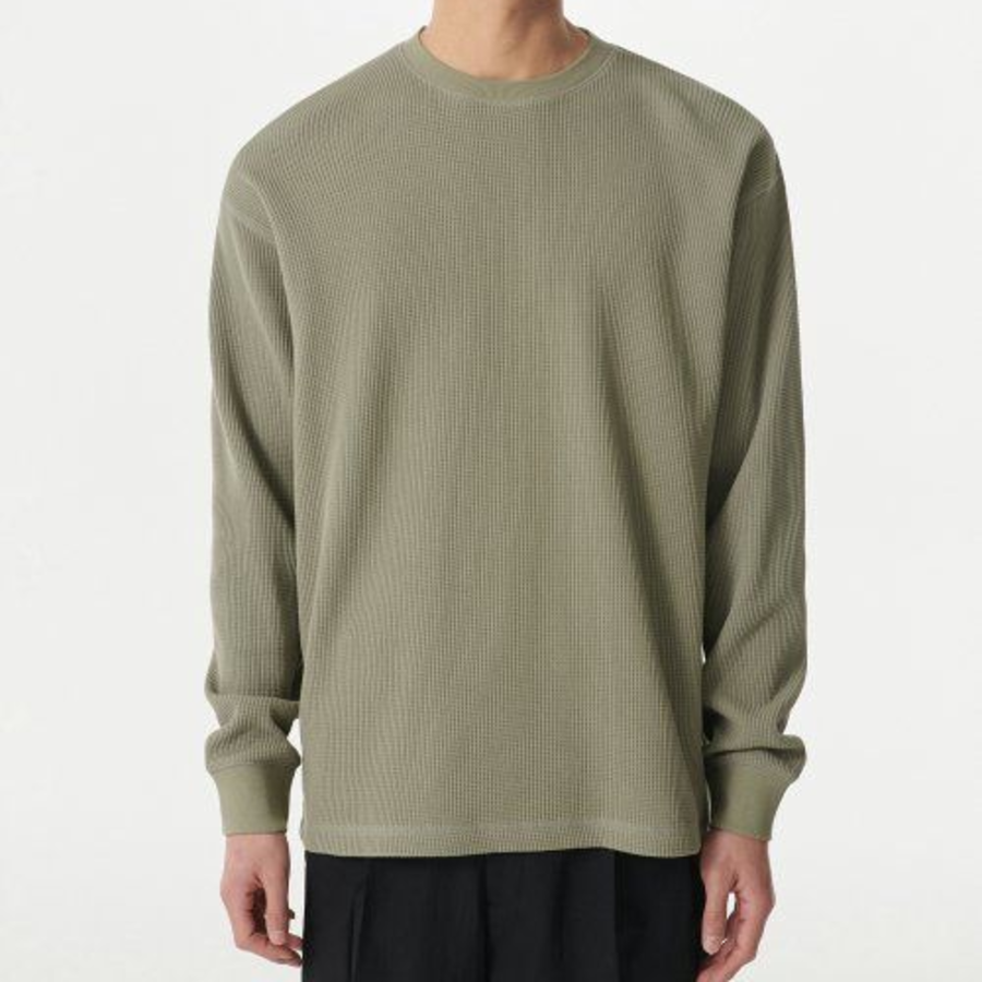 Waffle Relaxed Crew Neck Long Sleeve T-Shirt [Sage]