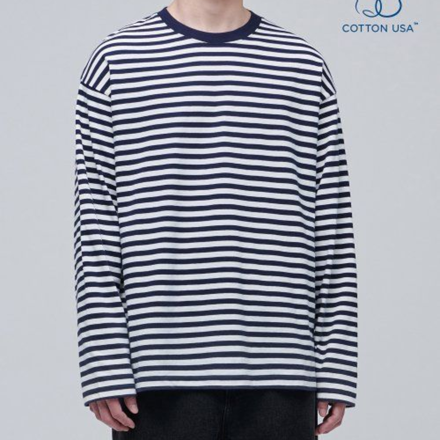 Stripe Relaxed Crew Neck Long Sleeve T-Shirt [Navy]