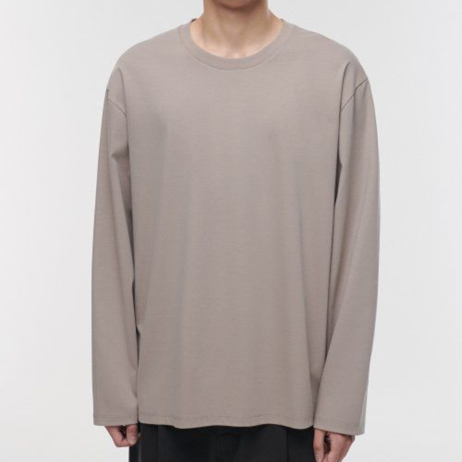 [Premium] Silket Relaxed Crew Neck Long Sleeve T-Shirt [Light Beige]