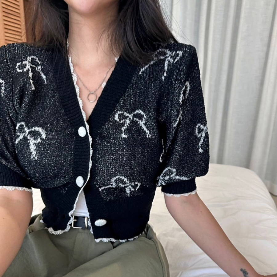 Ribbon Printing Lace Puff Short Sleeve Crop Knit Cardigan
