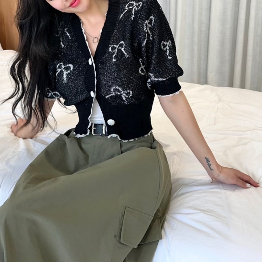 Ribbon Printing Lace Puff Short Sleeve Crop Knit Cardigan