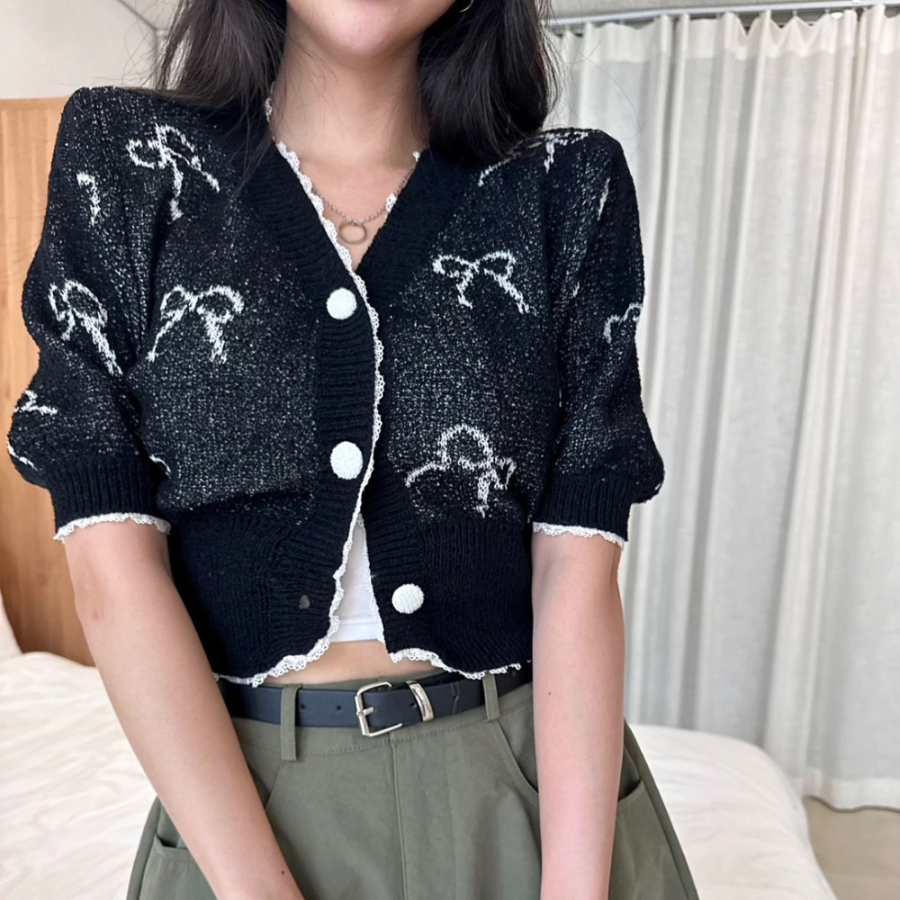 Ribbon Printing Lace Puff Short Sleeve Crop Knit Cardigan