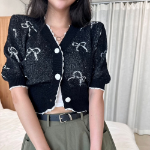 Ribbon Printing Lace Puff Short Sleeve Crop Knit Cardigan
