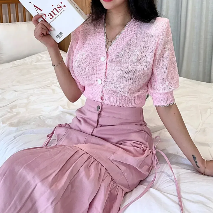 Ribbon Printing Lace Puff Short Sleeve Crop Knit Cardigan