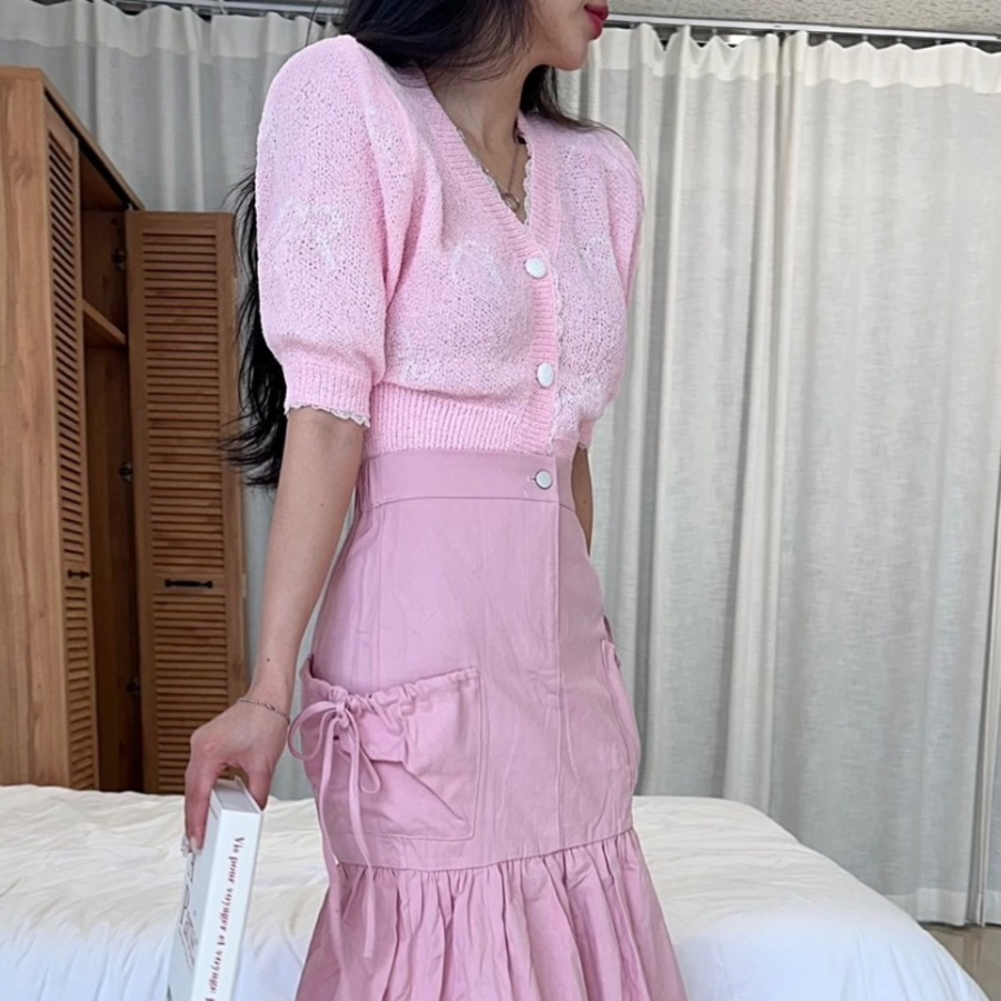 Ribbon Printing Lace Puff Short Sleeve Crop Knit Cardigan