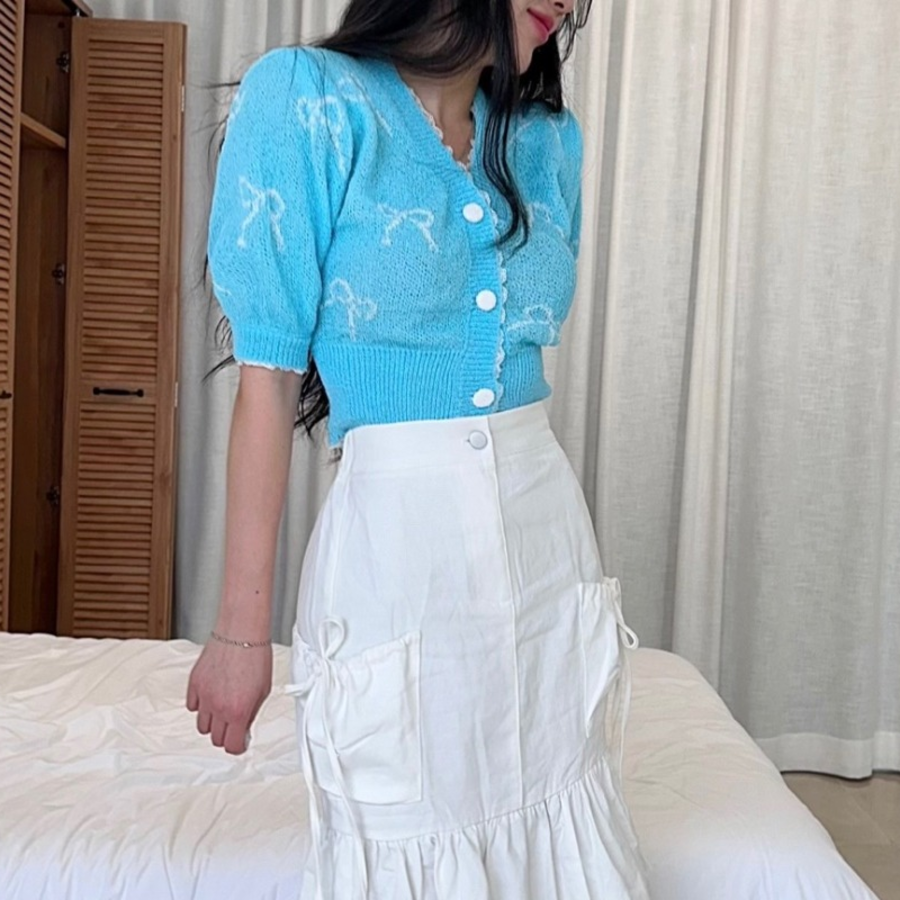 Ribbon Printing Lace Puff Short Sleeve Crop Knit Cardigan