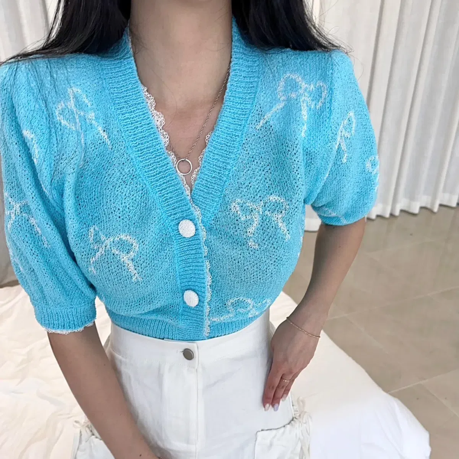 Ribbon Printing Lace Puff Short Sleeve Crop Knit Cardigan