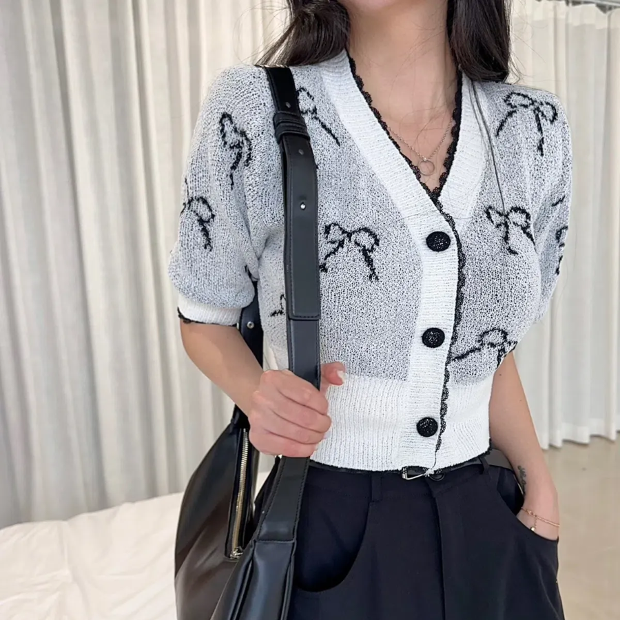 Ribbon Printing Lace Puff Short Sleeve Crop Knit Cardigan