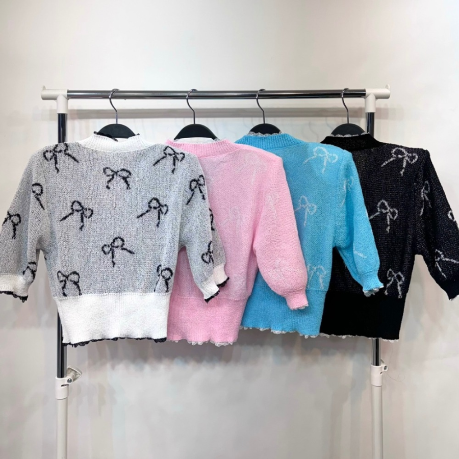 Ribbon Printing Lace Puff Short Sleeve Crop Knit Cardigan