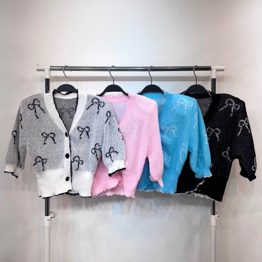 Ribbon Printing Lace Puff Short Sleeve Crop Knit Cardigan