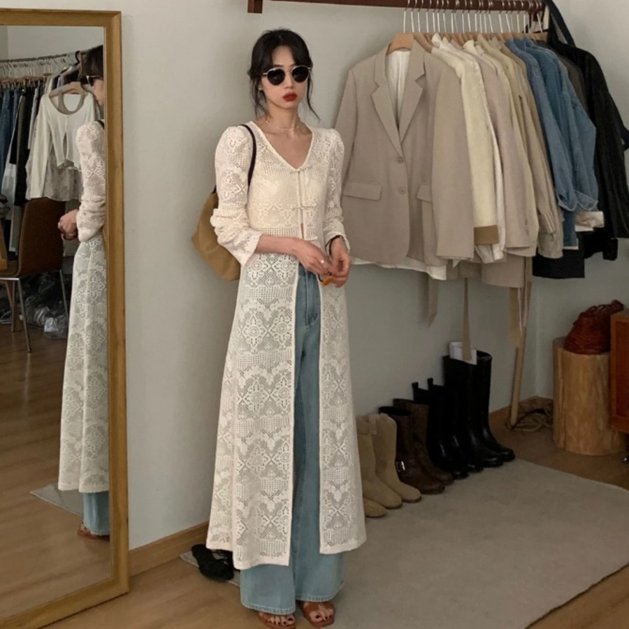 Slit Lace Long Cardigan