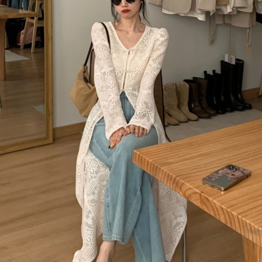 Slit Lace Long Cardigan