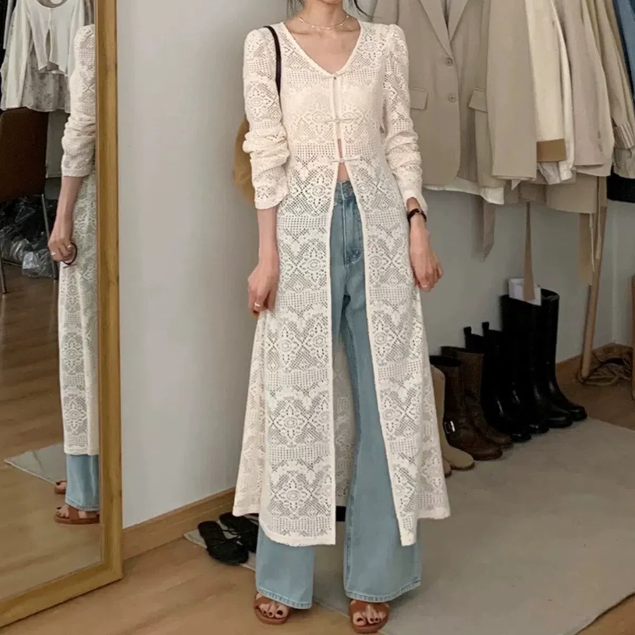 Slit Lace Long Cardigan