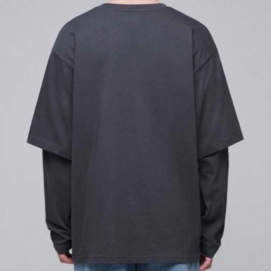Oversized Crew Neck Layered Sleeve T-Shirt [Dark Grey]