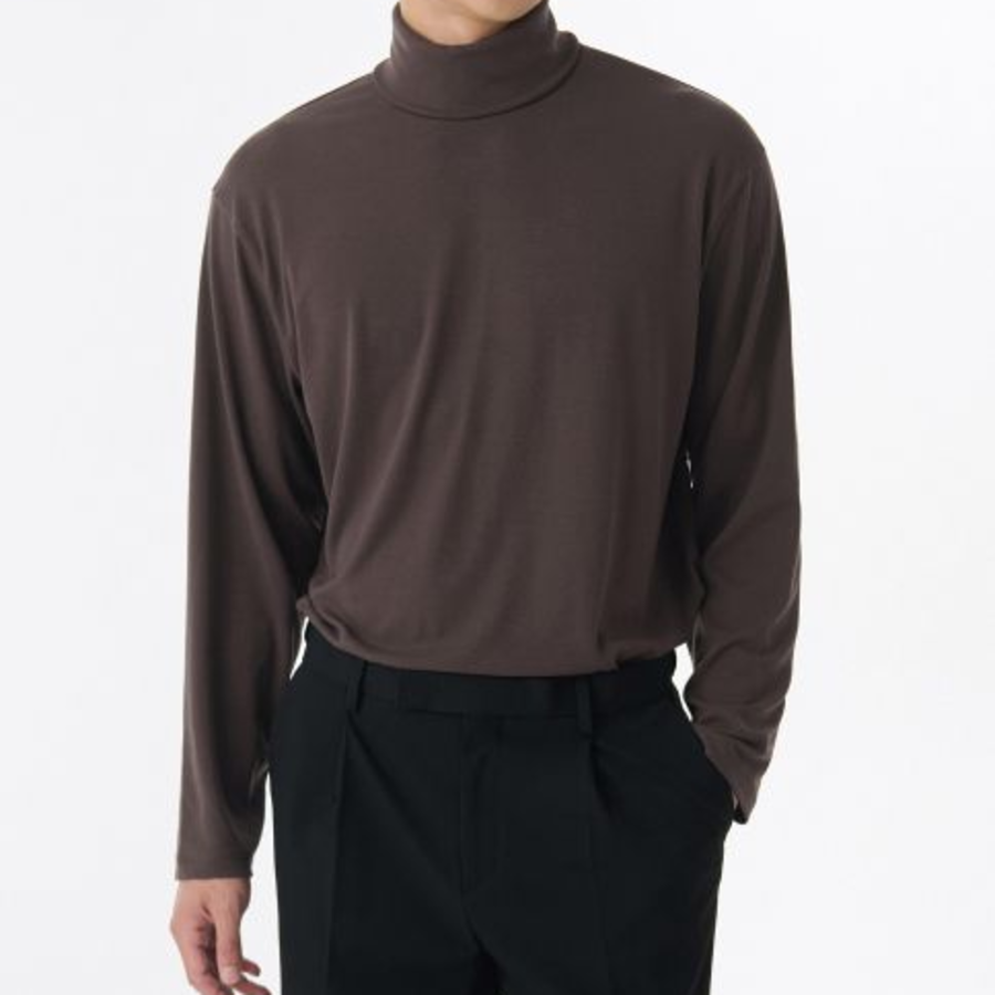 Relaxed Turtleneck Long Sleeve Knit T-Shirt [Dark Brown]
