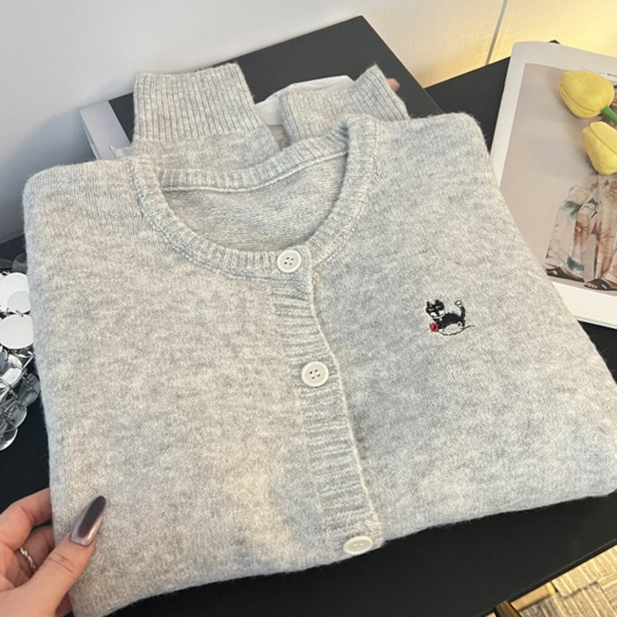 Round Neck Hairy Knit Embroidery Cardigan