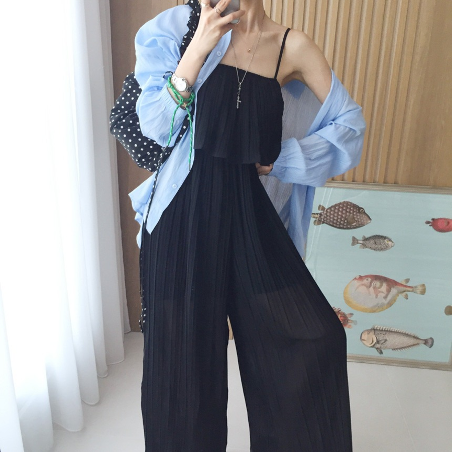 Летний комбинезон с плиссированными брюками и бандо-бюстье с оборками