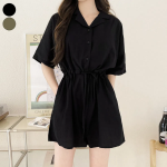 Льняной комбинезон-шорты с короткими рукавами и регулируемым шнурком на талии