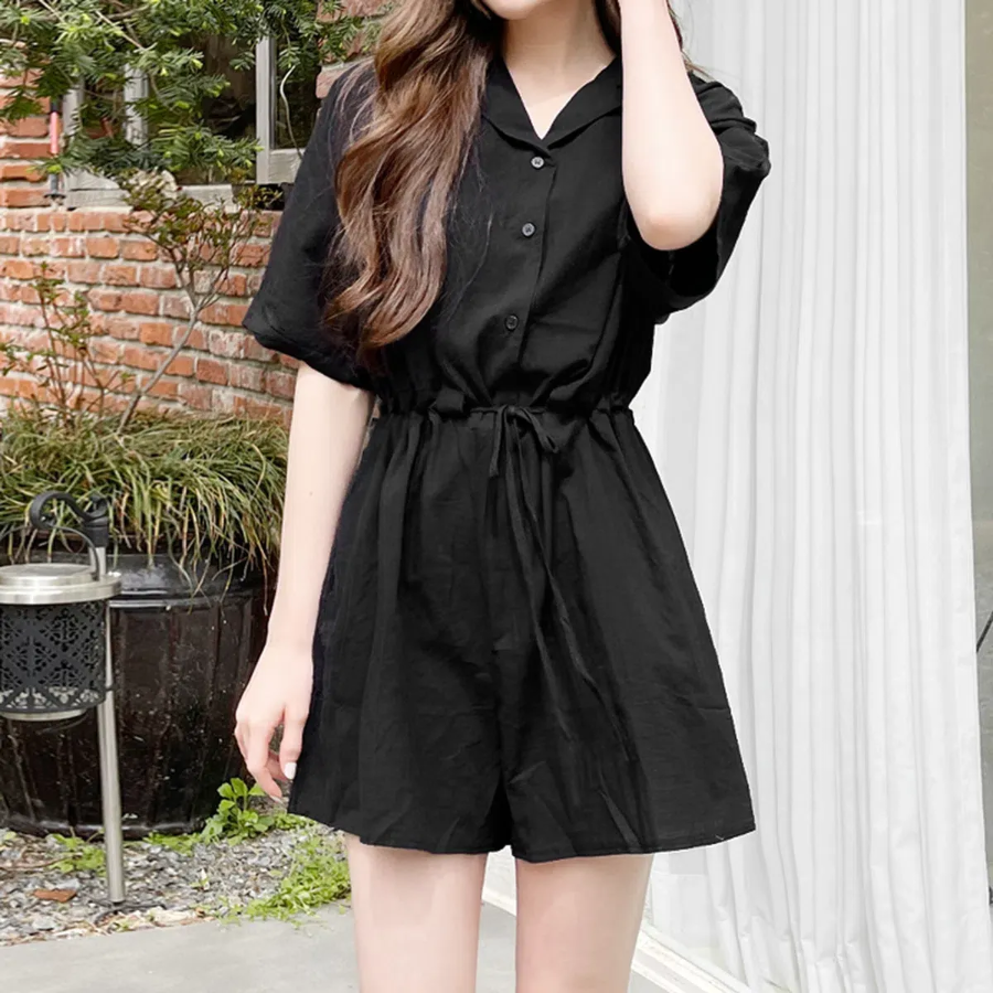 Льняной комбинезон-шорты с короткими рукавами и регулируемым шнурком на талии