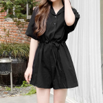 Льняной комбинезон-шорты с короткими рукавами и регулируемым шнурком на талии