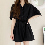 Льняной комбинезон-шорты с короткими рукавами и регулируемым шнурком на талии