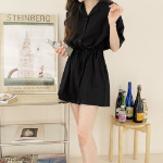 Льняной комбинезон-шорты с короткими рукавами и регулируемым шнурком на талии