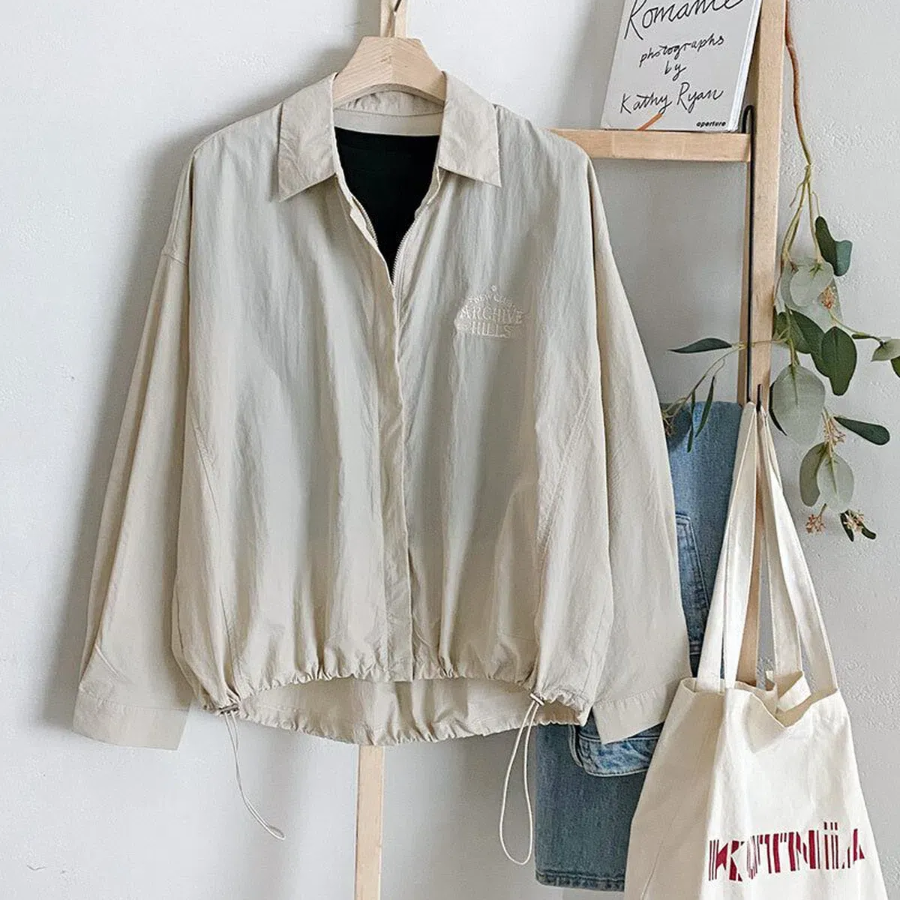 Nylon Loose Fit Zip-Up String Windbreaker