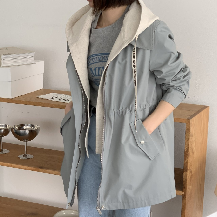 Spring Active Shirring Hooded Zip-Up Windbreaker