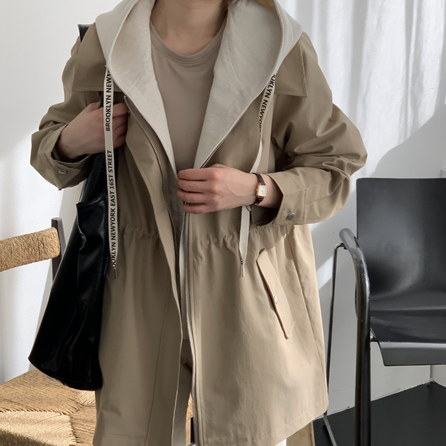 Spring Active Shirring Hooded Zip-Up Windbreaker