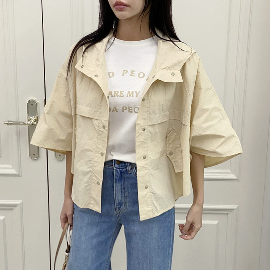 Nylon Cape 3/4 Sleeve Hooded Windbreaker