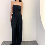 Джинсовый комбинезон-бюстье с поясом и длинными широкими брюками