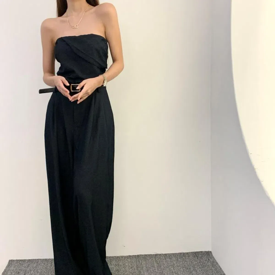 Джинсовый комбинезон-бюстье с поясом и длинными широкими брюками