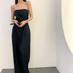 Джинсовый комбинезон-бюстье с поясом и длинными широкими брюками