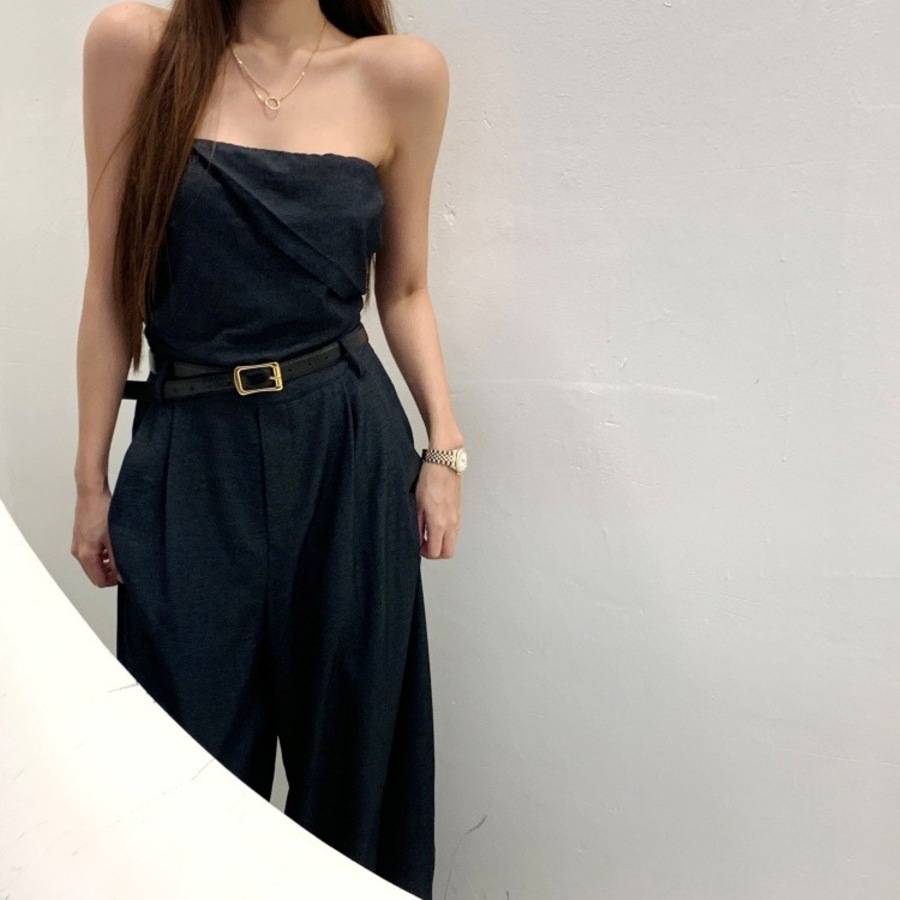 Джинсовый комбинезон-бюстье с поясом и длинными широкими брюками