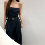 Джинсовый комбинезон-бюстье с поясом и длинными широкими брюками