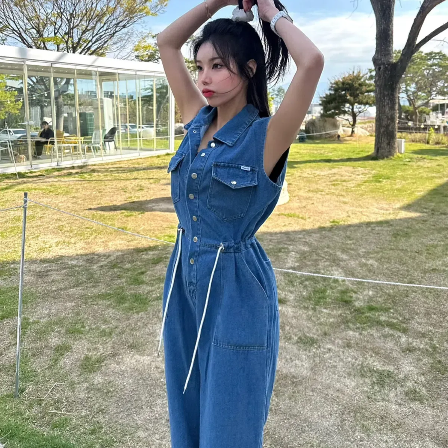 Джинсовый комбинезон с широкими брюками и регулируемой талией на шнурке