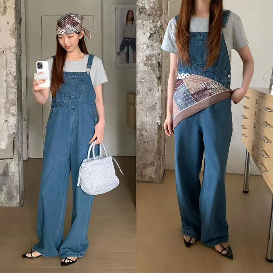 Женский широкий джинсовый комбинезон с подтяжками