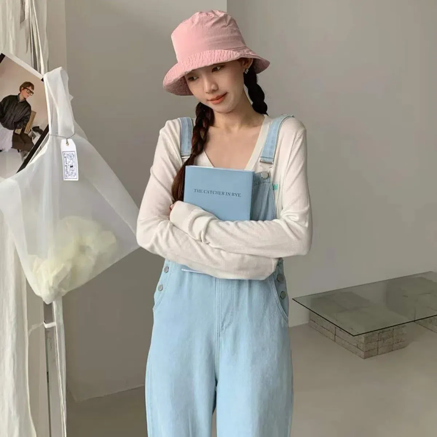 Женский широкий джинсовый комбинезон с подтяжками