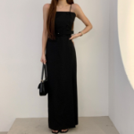 Комбинезон-платье миди с поясом и бюстье-верхом